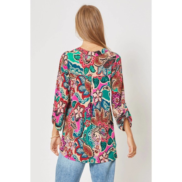 Dear Scarlett Women's Lizzy Paisley Long Sleeve V-Neck Blouse Top in Multi Color - Picture 3 of 5